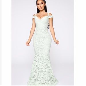 Lace mermaid sage wedding dress